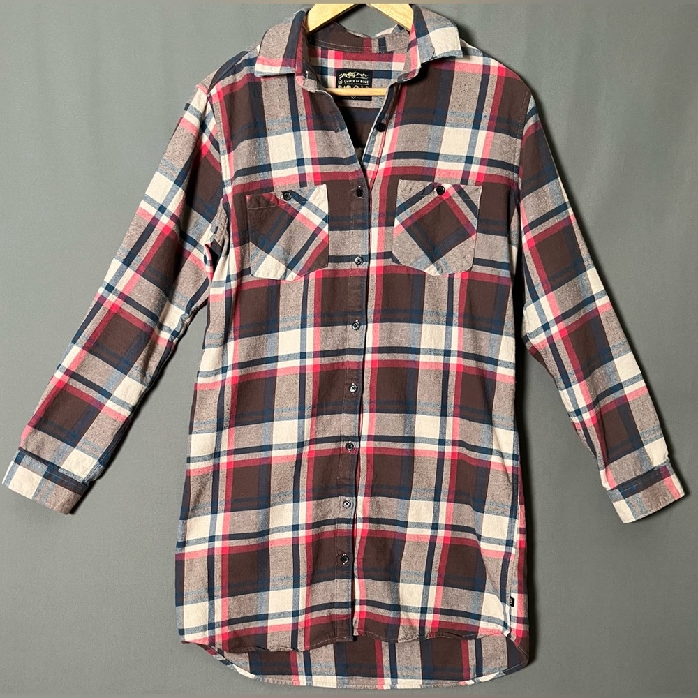 United By Blue Woman’s L Plaid Organic Cotton Roll Tab Sleeve Dress